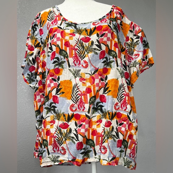 C&C California Tops - C&C California 100% Linen Women’s Tropical Floral Short Sleeve Top Size 2X